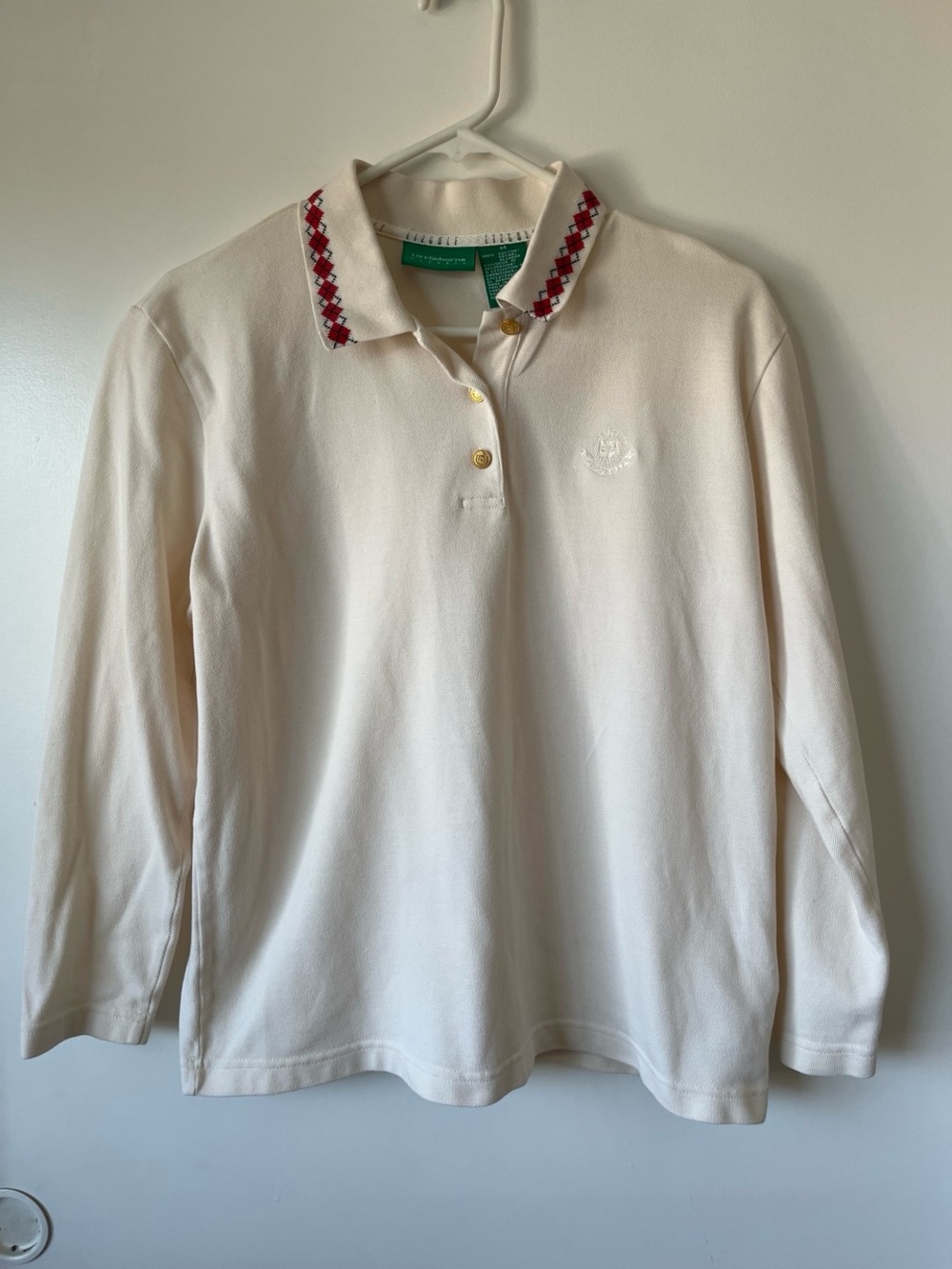 Vintage Liz Claiborne Long Sleeve Polo with Red Pattern on Collar